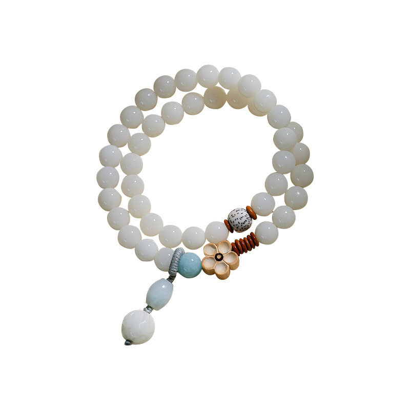 He Qian Bodhi Root Bucket Bead Double Ring Bracelet, Exquisitely crafted White Jade Bucket Bead Cultural Play Double Ring Bracelet, Buddha Bead Factory wholesale Item Picture