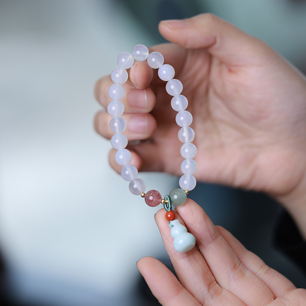 Natural 8MM white agate bracelet, women's pendant, jade gourd, blessing and fortune jade bracelet, best friend gift wholesale