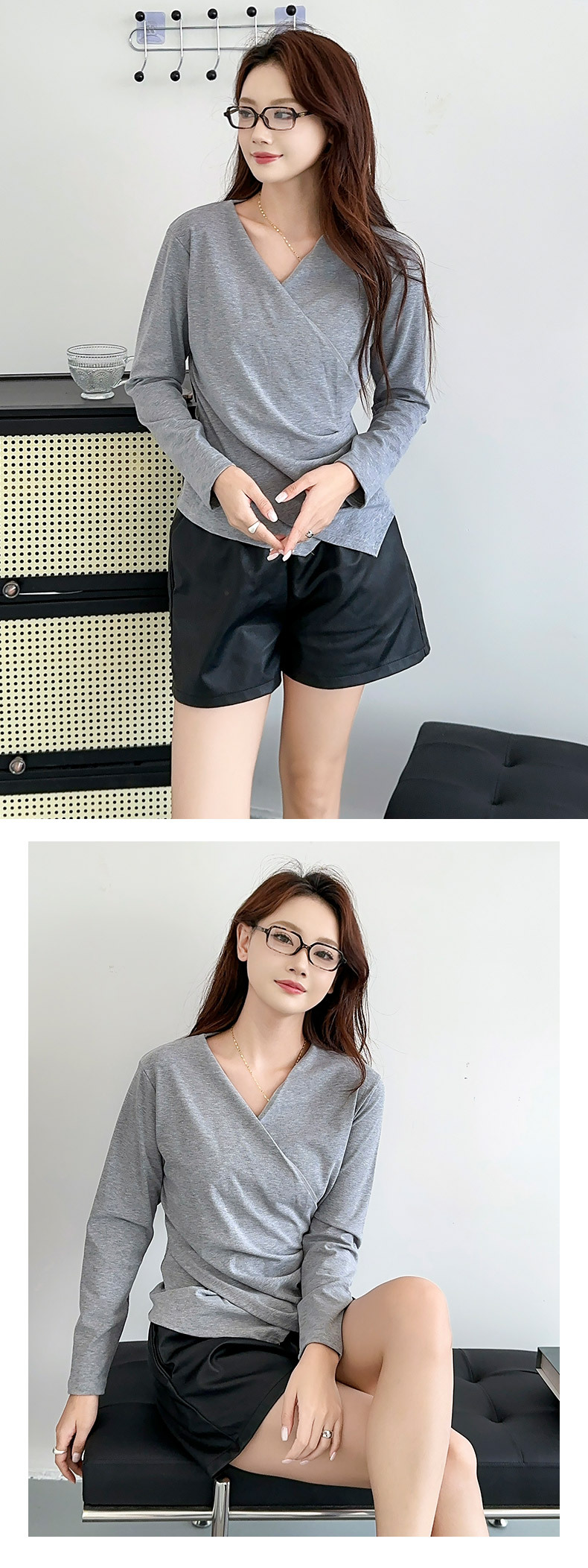 不规则V领打底衫修身显瘦内搭T恤衫时尚褶皱长袖上衣纯色女士打底详情12