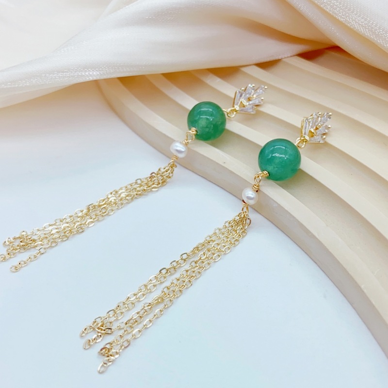 ED040064 Dongling Jade long tassel stud earrings, gilded long tassel earrings and pendants, inlaid with fashionable and retro green Application Scenario