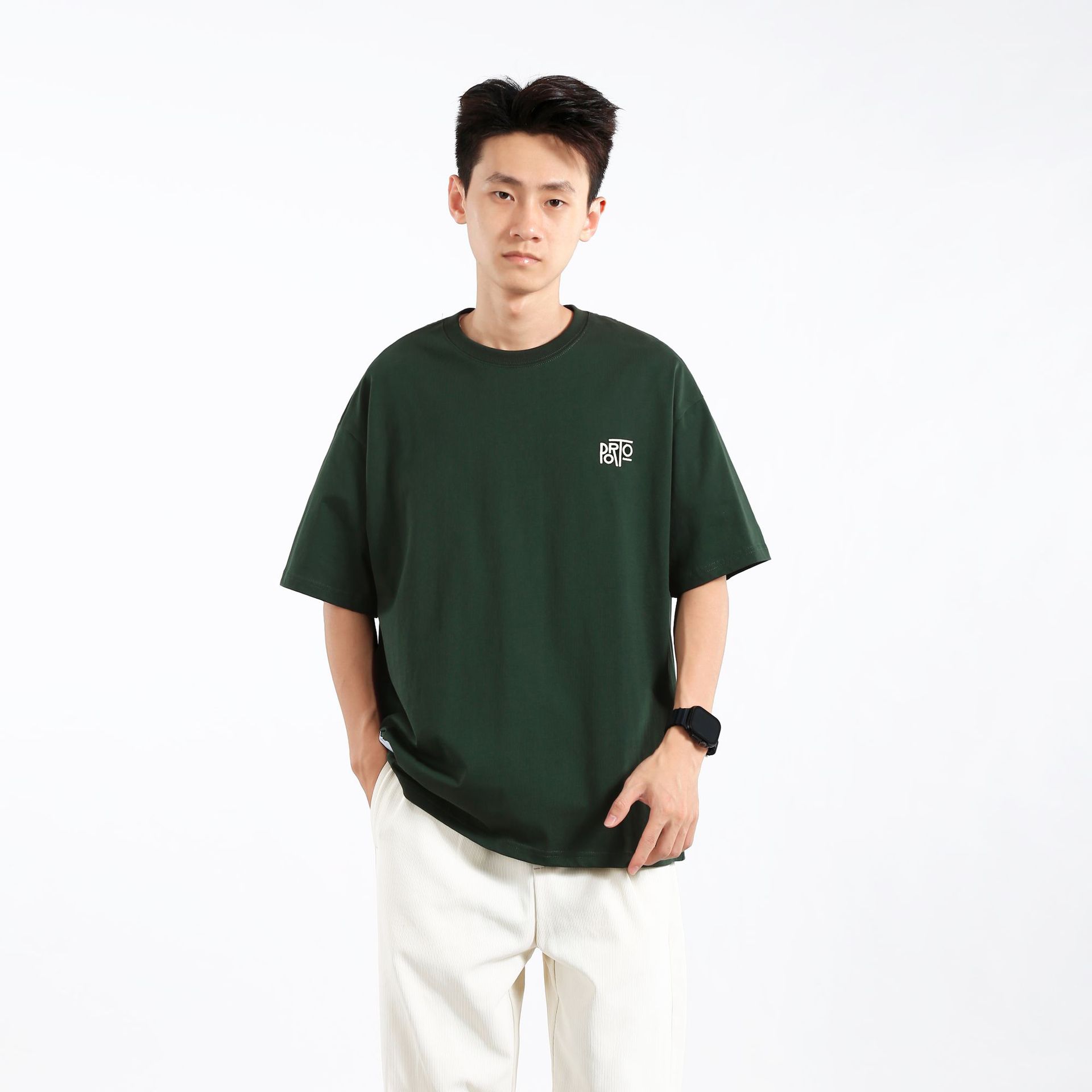 Simple letter-embroidered pure cotton short-sleeved T-shirt for men, summer Japanese retro loose fashion brand, round neck casual half-sleeved trend details Picture