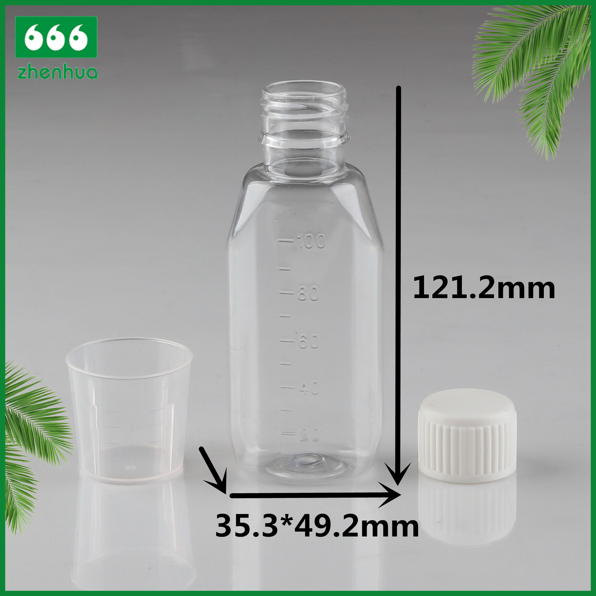 100ML PET transparent polyester bottle, liquid reagent bottle with scale, syrup bottle, anti-theft cap, square flat bottle details Picture