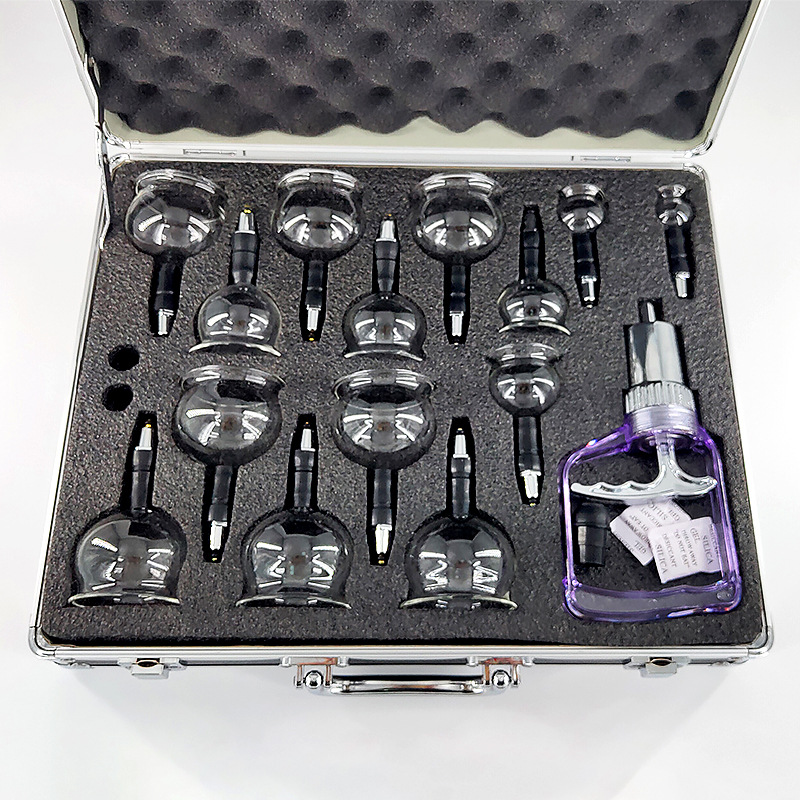 Customizable logo 14-head long-mouthed glass cupping set, family fire-free aluminum box round glass cupping device details Picture