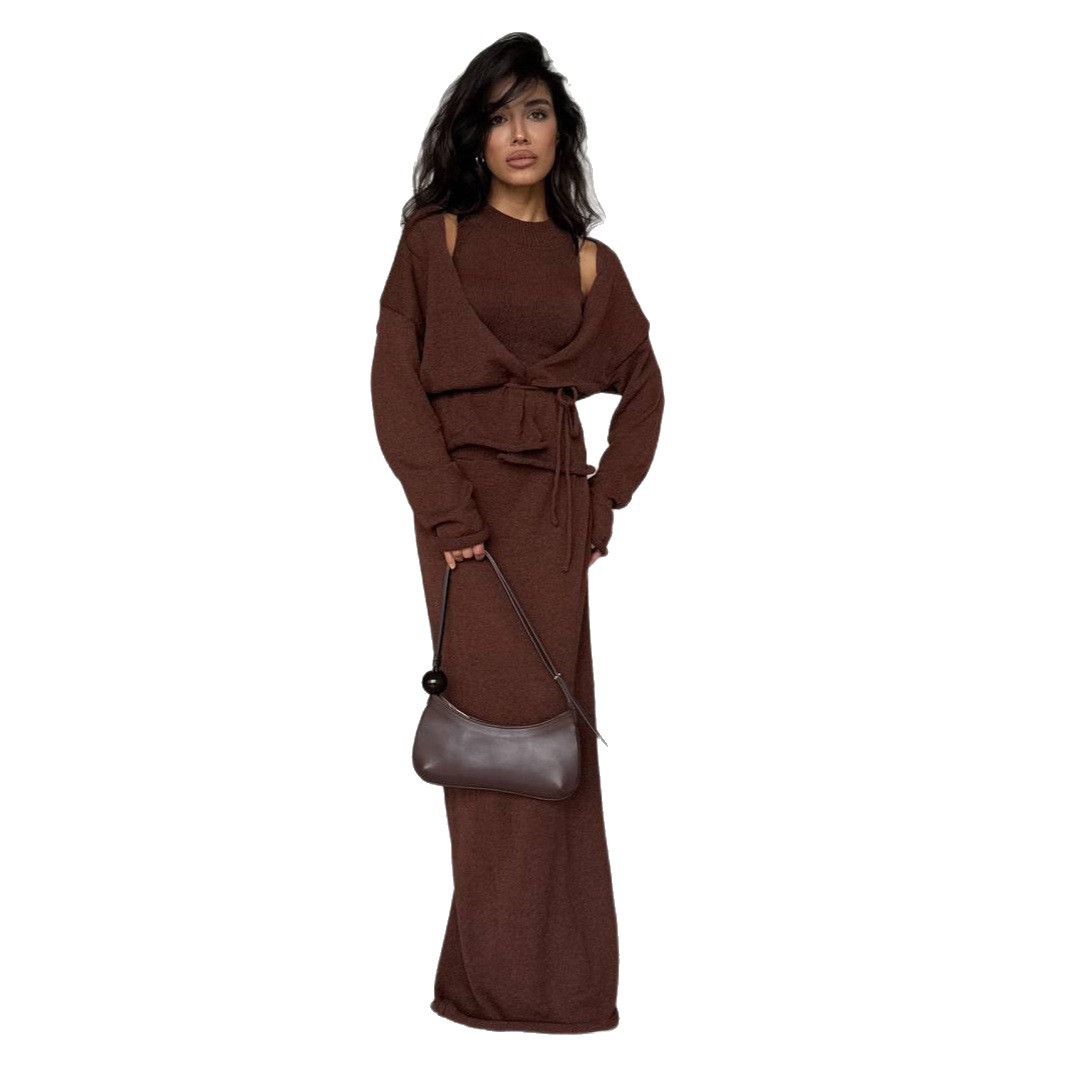 French-style laid-back lace-knit three-piece set, sleeveless slimming vest style, long-sleeved cardigan, hip-hugging, floor-length skirt Item Picture