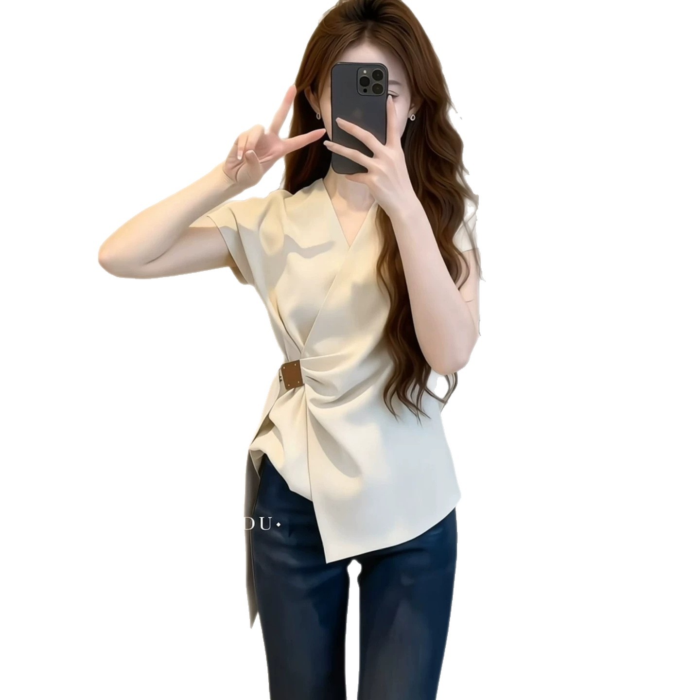 French-style V-neck short-sleeved T-shirt for women 2026 summer, a slimming and waist-cinching irregular short-sleeved top A11832 for chubby girls Item Picture