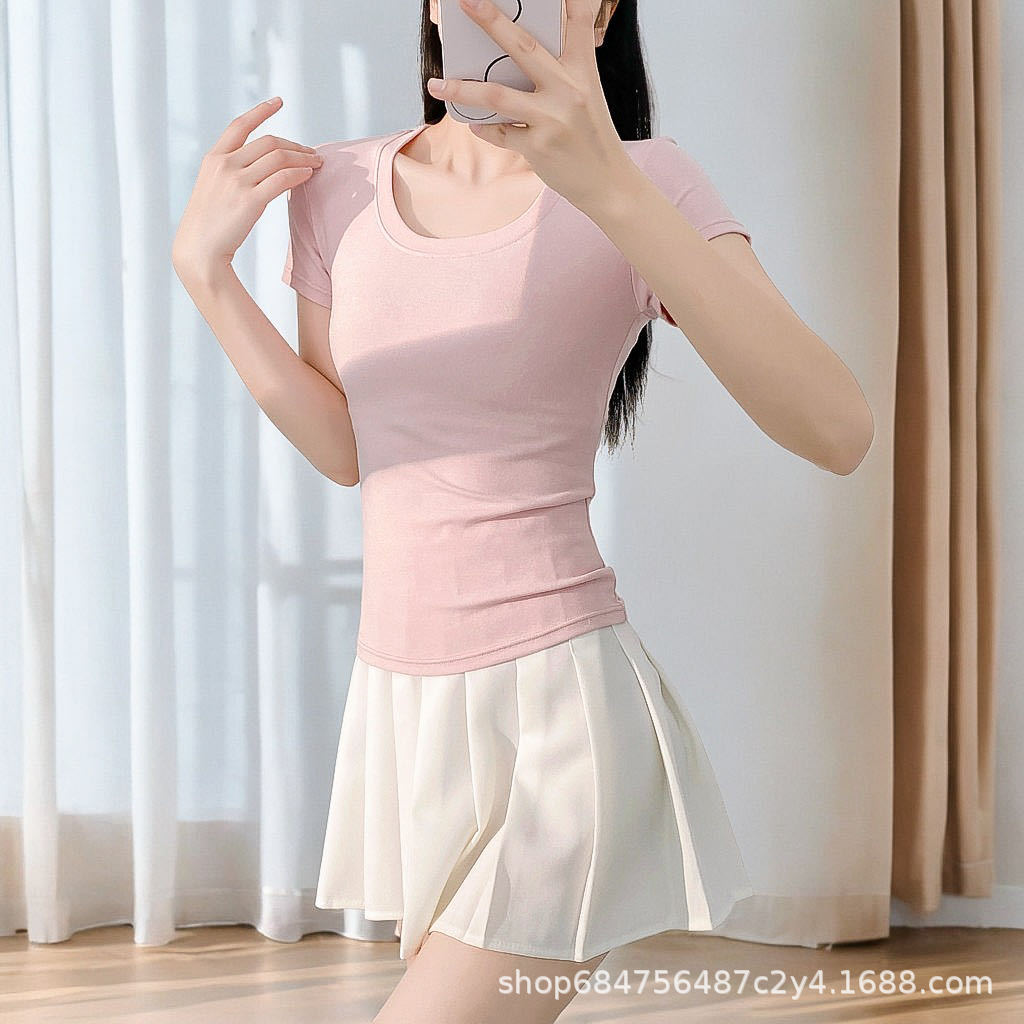 美式修身短袖T恤女2025夏季新款收腰圆领体恤甜辣短款小上衣打底