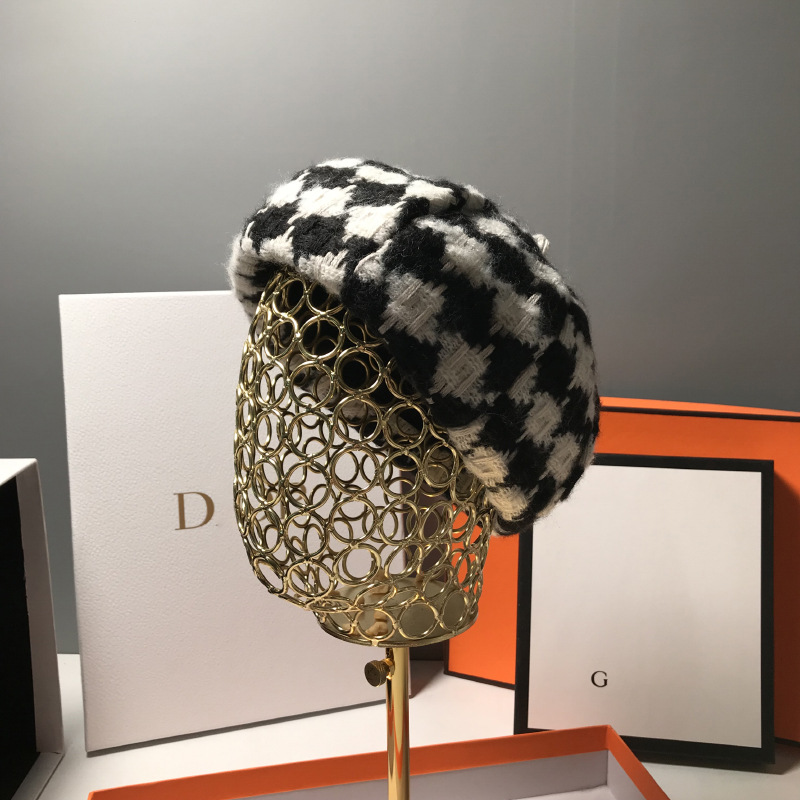 2022 new autumn tweed plaid black and white beret leisure everything bud cap octagonal hat children winter tweed
