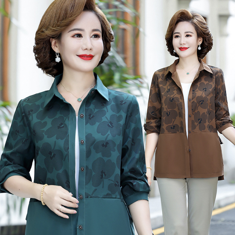 妈妈秋装外套薄款上衣中年女士时尚小衫中老年大码新款长袖衬衫女