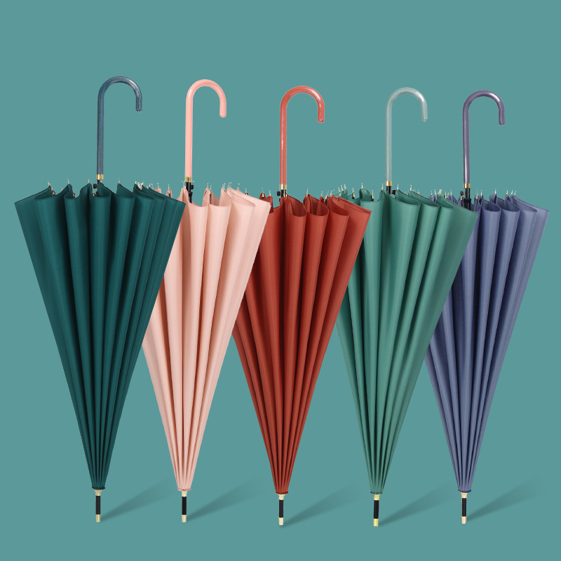 新款创意16骨弯柄纯色长柄伞 小清新抗风长柄雨伞印logo广告伞图