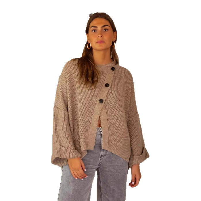 Cross-border Amazon Autumn/Winter new commuter irregular beveled button split loose solid color knitted pullover Item Picture