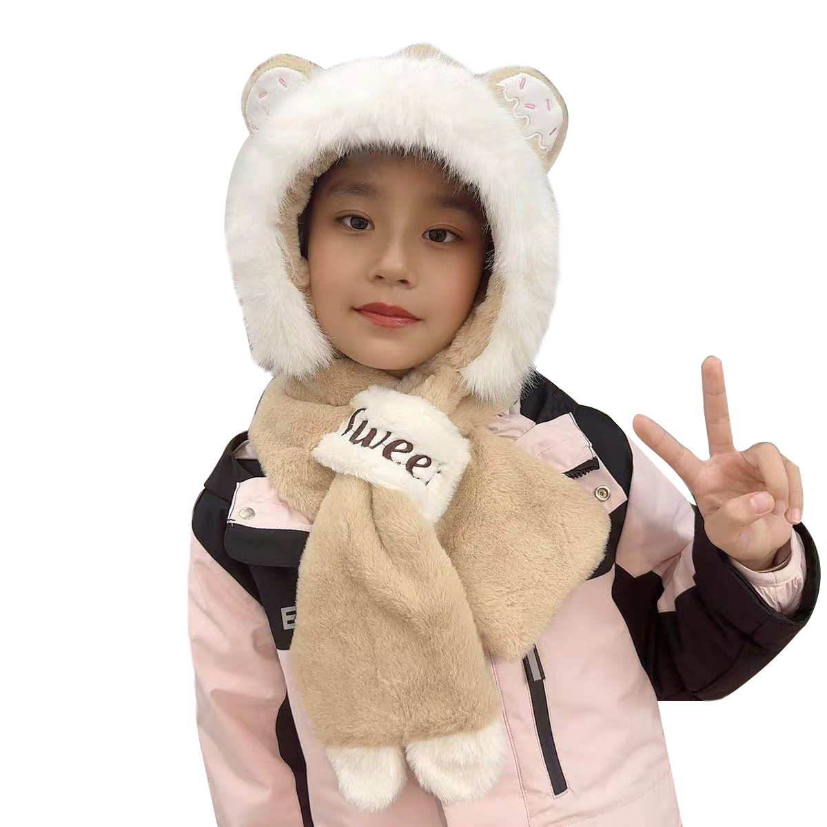 The 2024 winter hat for boys, girls and children features a cute teddy bear plush hat and scarf in one piece, providing warmth and warmth with thickened design Item Picture