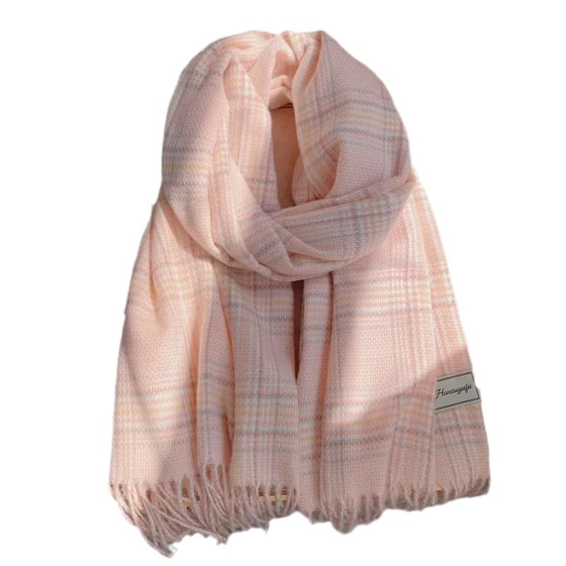 Pink Plaid Scarf Female Autumn Winter Advanced Sense 2023 New Korean Version Warm Thick Scarf Cape Item Picture