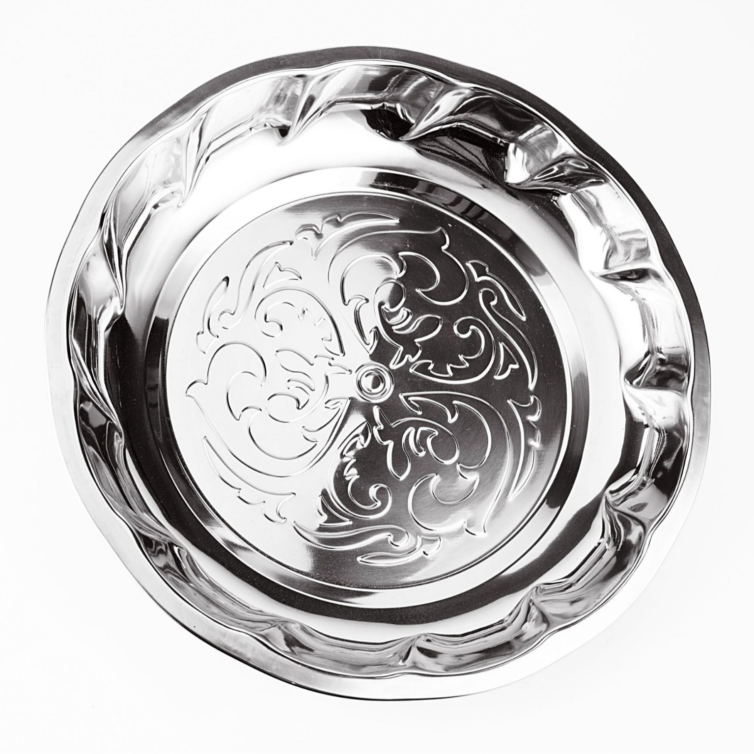 Stainless steel large round embossed household plates, kitchen fruit plates wholesale set plates, cross-border Application Scenario