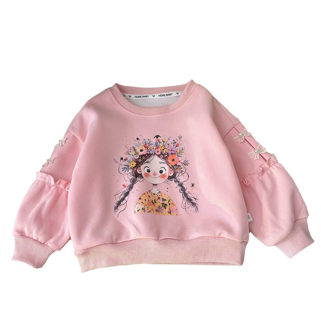 The new cotton baby princess bow cartoon long-sleeved spring and autumn sweatshirt for girls in the 2024 autumn is stylish with a round neck Item Picture
