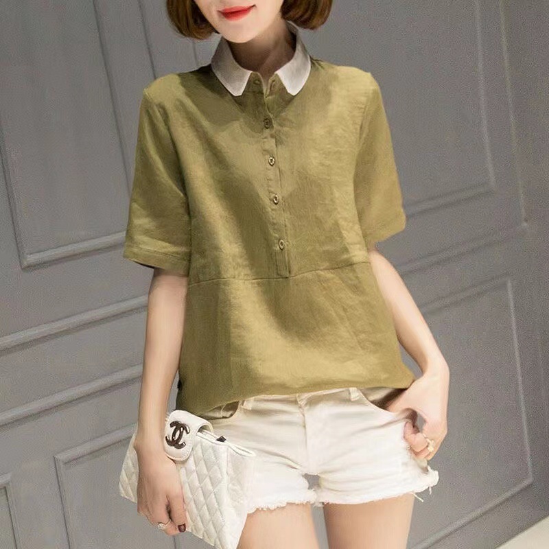 Cotton and linen short-sleeved shirt for women's summer 2022 new style Korean loose and versatile shirt cotton and linen top simple plus-size women's clothing