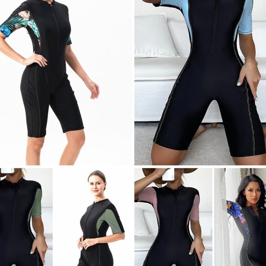 Wholesale of new European and American one-piece swimsuits for women, short-sleeved sports print patchwork swimsuits, and Amazon women's surfing suits details Picture