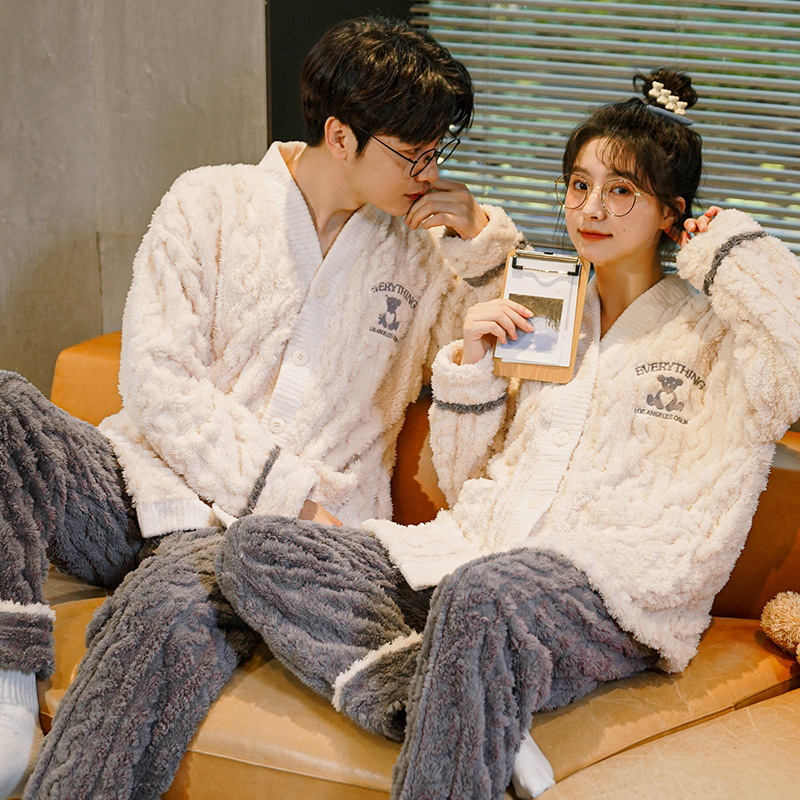 Flannel Couple Pajamas Women's Long Sleeve Set Sweet Cute Loose Men Plus Size Coral Velvet Homewear Winter Application Scenario