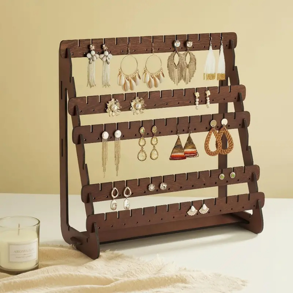Cross-border vintage wooden earring rack, simple home living room and bedroom desktop, decorative items, stud storage and display rack Specification image