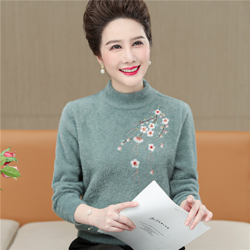 Mom Sweater Women's 2022 New Autumn and Winter thick knitted sweater top for middle-aged and elderly women's warm base layer details Picture
