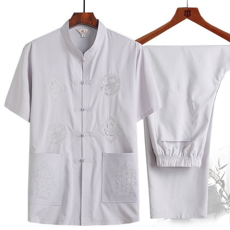 Tang Suit Male Father Summer Short Sleeve Suit Elderly Men Grandpa Chinese Dish Buckle Hanfu Male Large Size Shirt Application Scenario