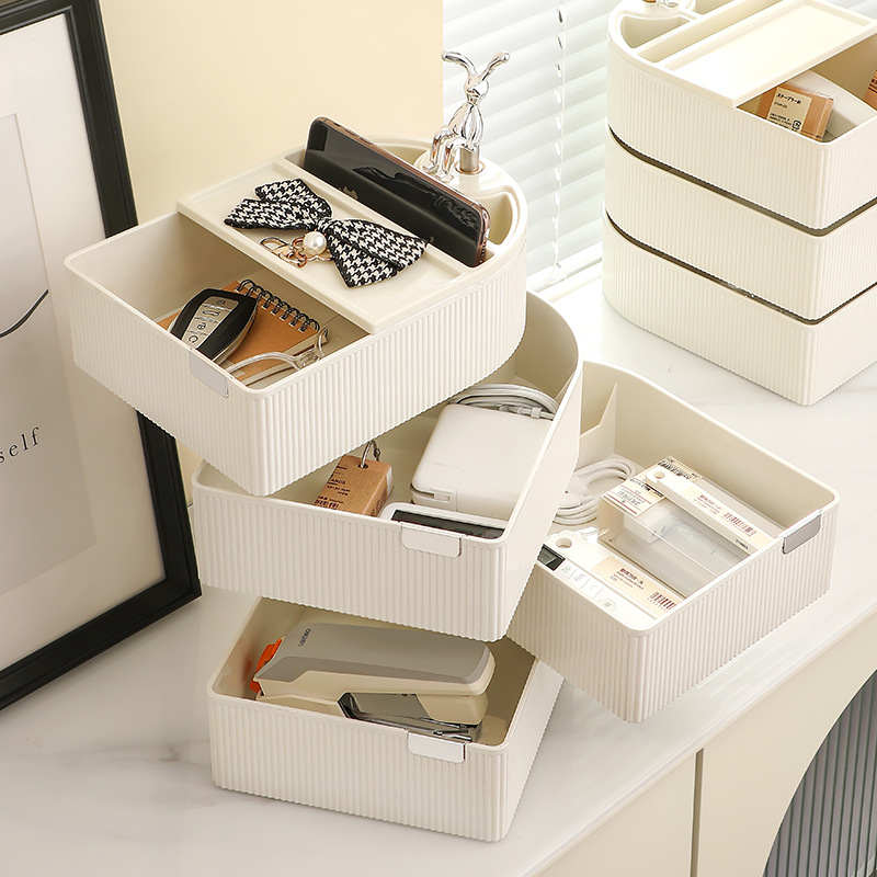 Rotatable Desktop Storage Box Household Drawer Type Desk Stationery Pen Holder Cosmetic Locker Dustproof Storage Rack details Picture