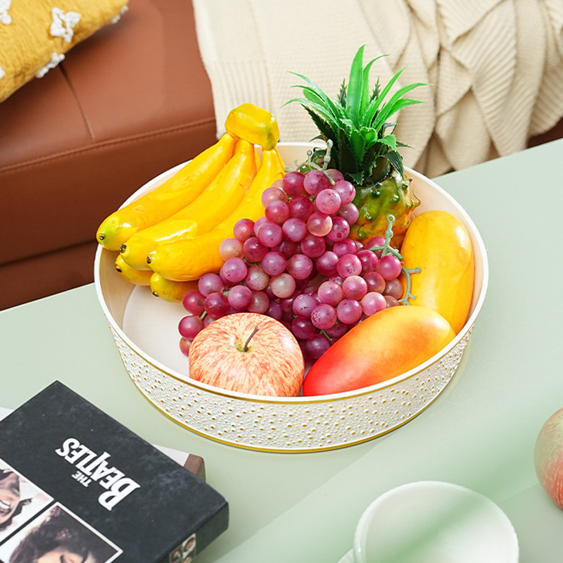 Cross-border milky white pearl-patterned fruit platter, light luxury round golden-edge tabletop fruit platter with lid wholesale details Picture