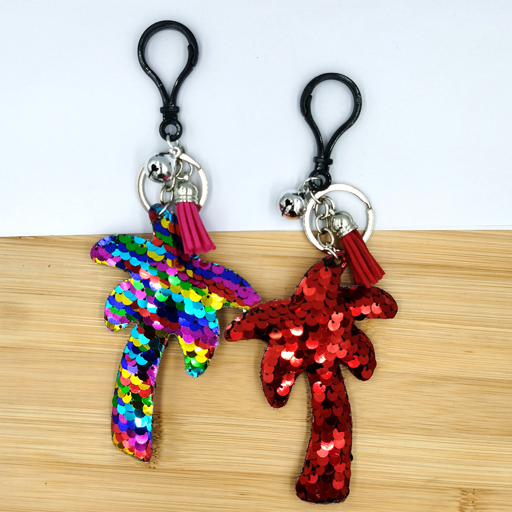 Reflective coconut tree keychain, sequined tassel, bell bag, car pendant, hanging decoration, accessories and accessories details Picture