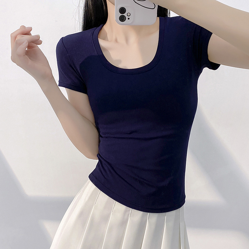 Pure Desire style U-neck short-sleeved T-shirt for women, summer style, slimming design, versatile, short pink top as a base layer Specification image