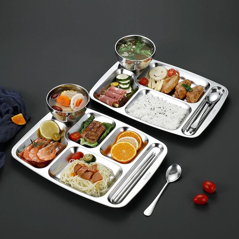 304 stainless steel fast food plates, divided into compartments, food-grade, school cafeteria plates, student meal plates, stainless steel plates Specification image