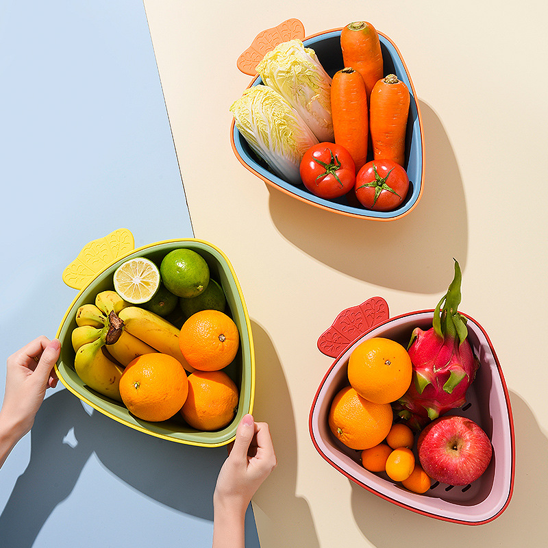 Cartoon Double Drain Basket Kitchen Hollowed Out Vegetable Washing Portable Fruit Basket Storage Basket Washing Basin Water Filter Basket Thickened Item Picture