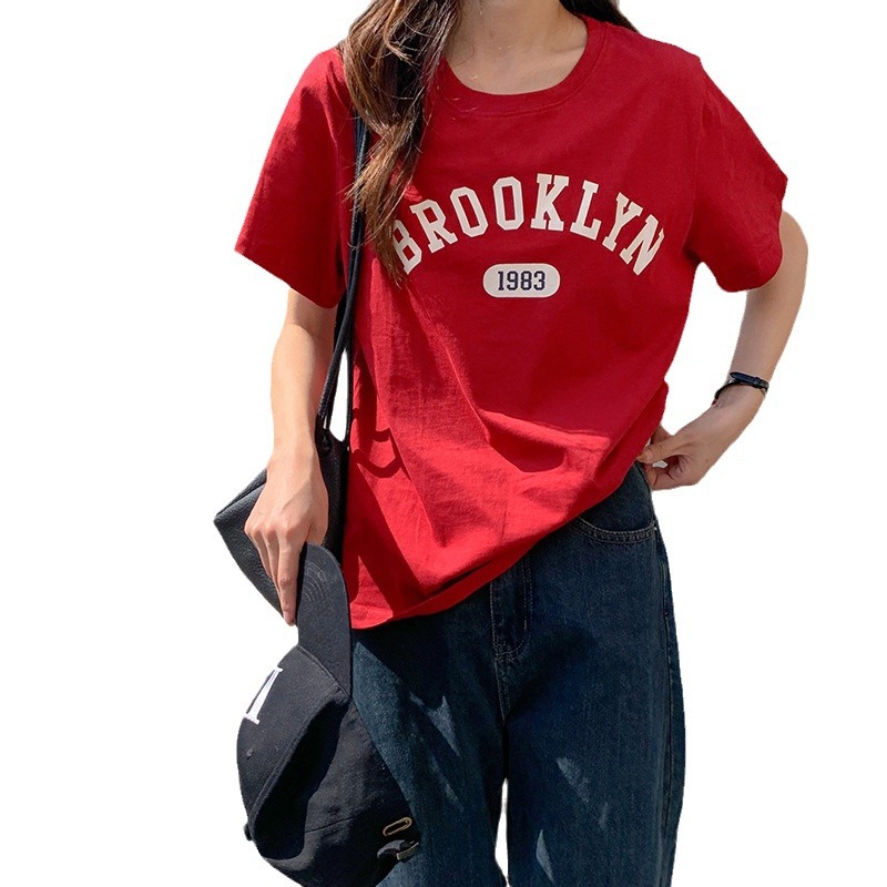 Cotton printed summer loose short-sleeved T-shirt for female students, simple letter Korean style round-neck INS top for women, sent on delivery Item Picture