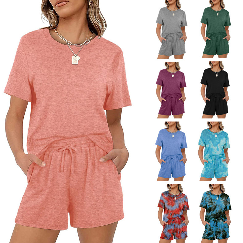 Solid color short-sleeved elastic lace-in pocket shorts set thumbnail
