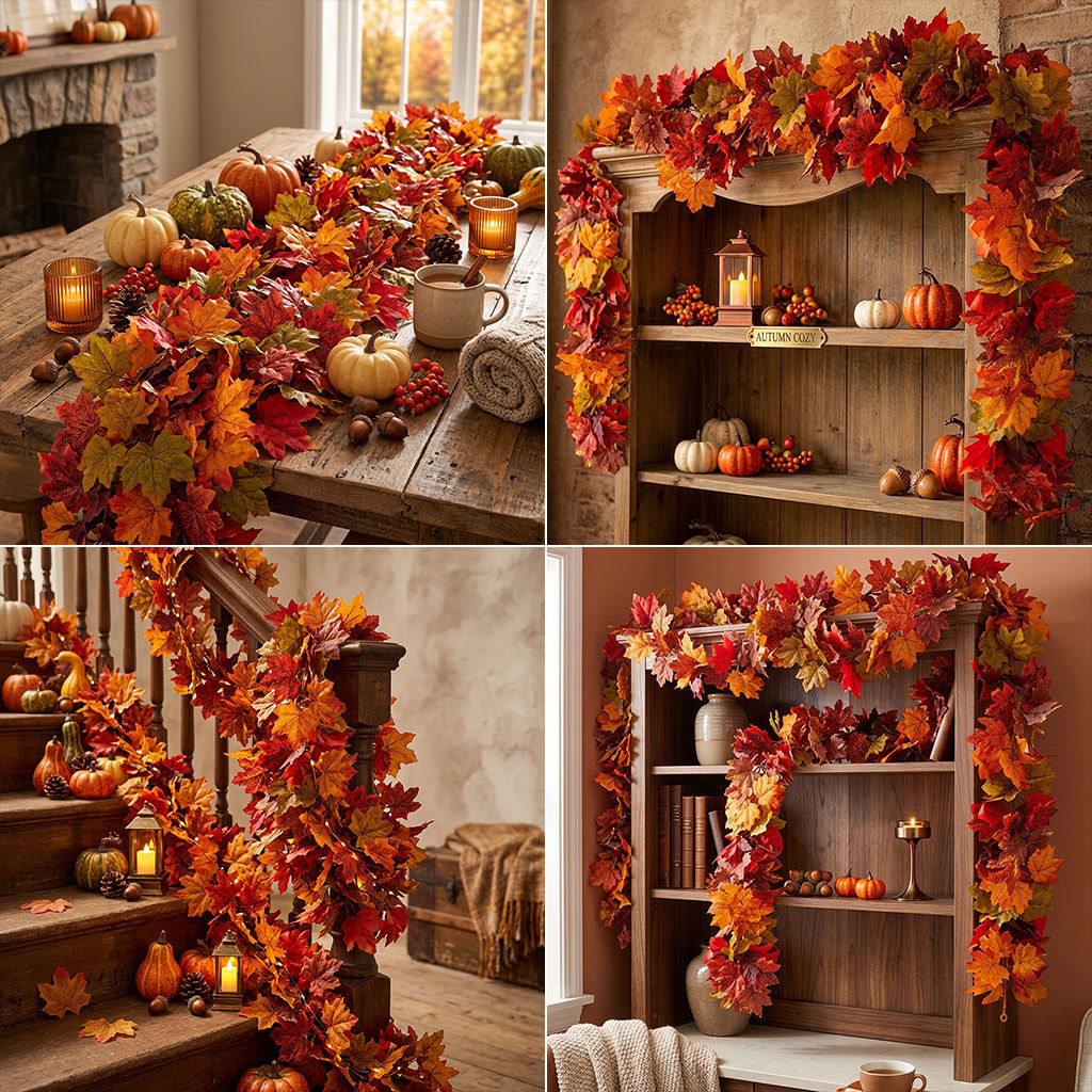 Autumn simulation maple leaf rattan, Thanksgiving Harvest Festival hanging decorations, photography sets, wall hangings, ceiling decorations, wholesale maple leaves Application Scenario