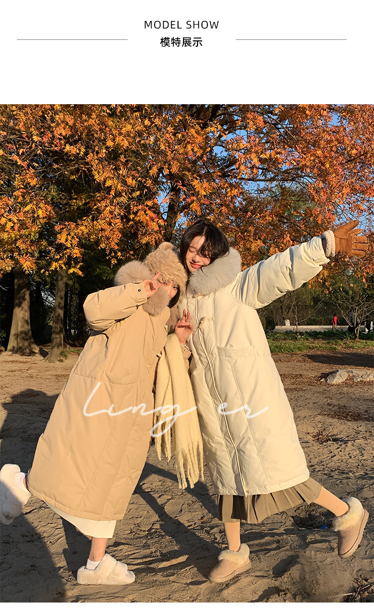 A mid-length down jacket for women in 2025 winter, featuring a fashionable fur collar and a Korean-style design. It is thickened, loose and warm pic 12