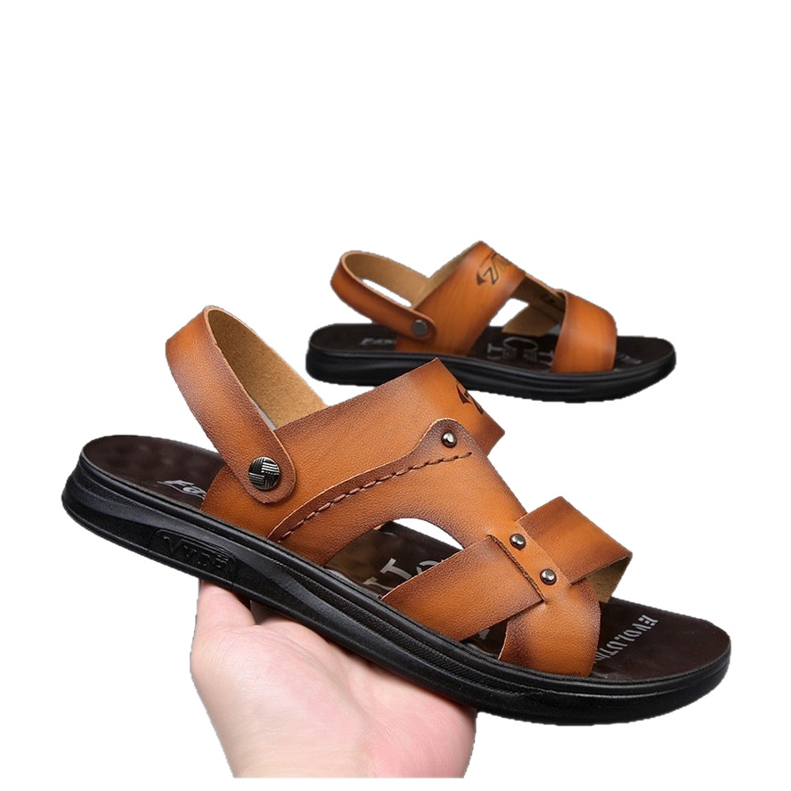 Mingfu sandals for men's export summer beach shoes for men, casual leather, anti-slip, one shoe for two wear, breathable slippers with holes Item Picture