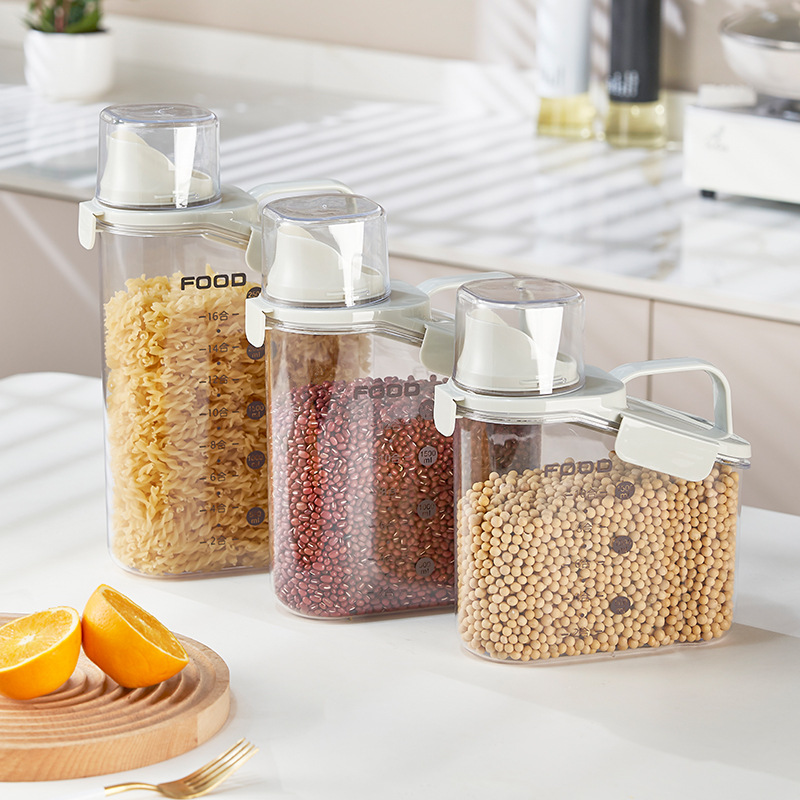 Japanese-style portable sealed multi-grain jar, kitchen multi-functional five-grain bucket, transparent measuring cup, wooden bucket, small rice storage bucket Specification image