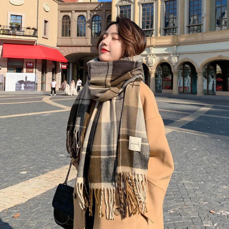 新款仿羊绒格子围巾女冬季高级感韩版百搭加厚保暖学生情侣围脖男