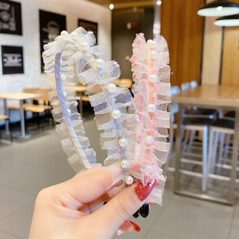 Children's hair bands, Korean mesh imitation pearl lace princess hair accessories, cute baby girls' hair clips, compression hair accessories Specification image