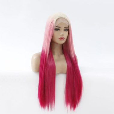 Rosa tres colores gradiente largo estilo recto medio corte frontal encaje fibra química peluca de alta temperatura cabeza de seda fábrica LW0349 details Picture