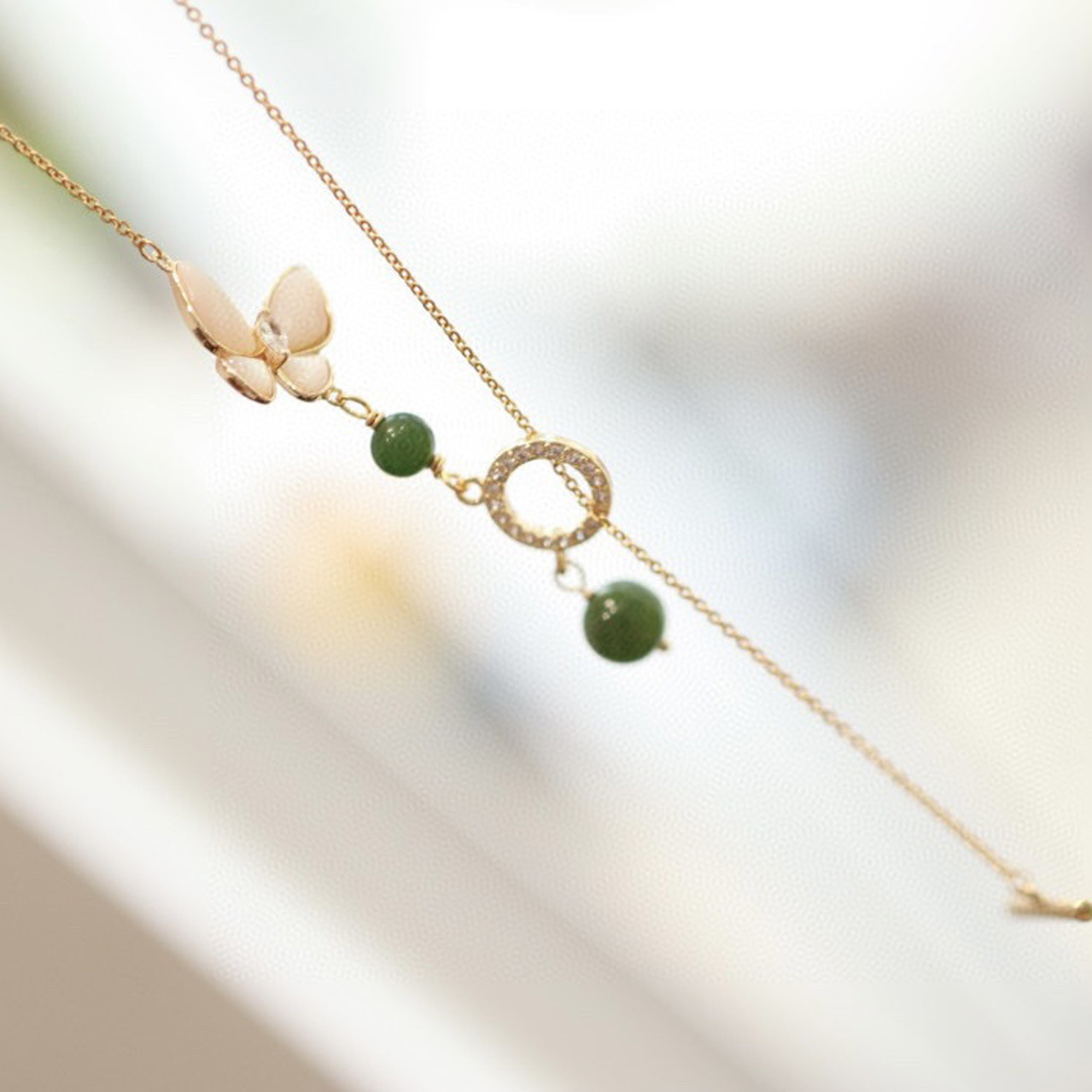 Natural Russian jade pendant necklace set, jade double-wing butterfly ring earrings, simple and elegant gift Item Picture