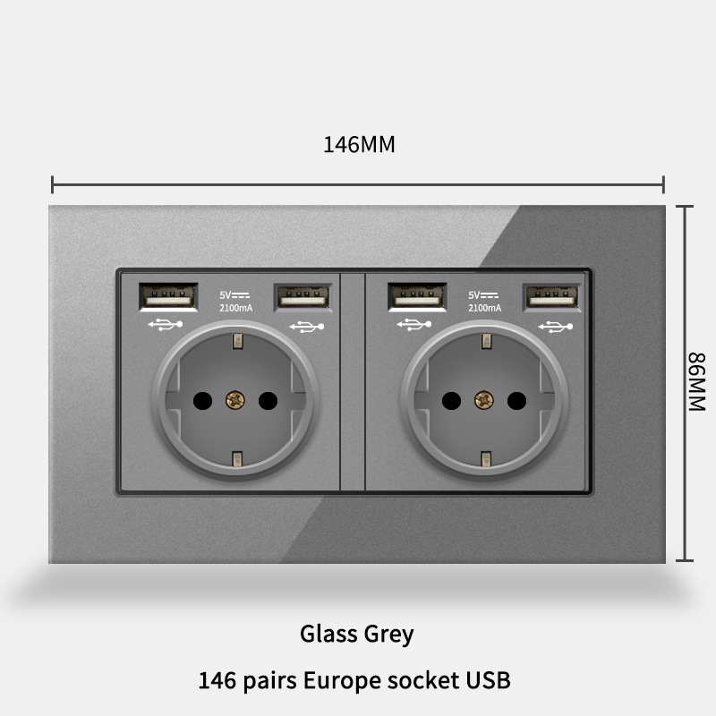 Type 146 European standard German USB socket panel French standard German standard Typec+USB European standard 16A tempered glass panel Specification drawing