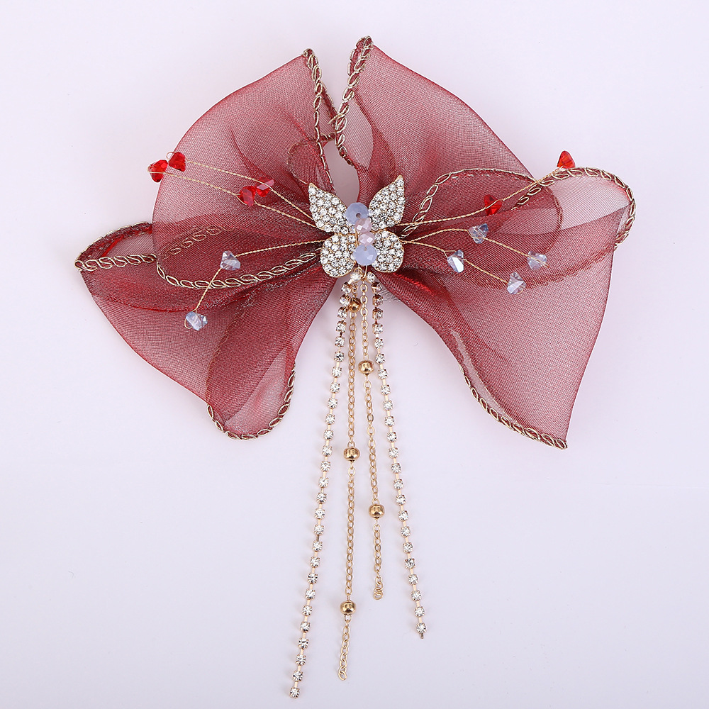 Burgundy Silk Bow Hair Clip Bridal Headwear Fringe Hair Accessories Set Toast Dress Wedding Photo Accessories Item Picture