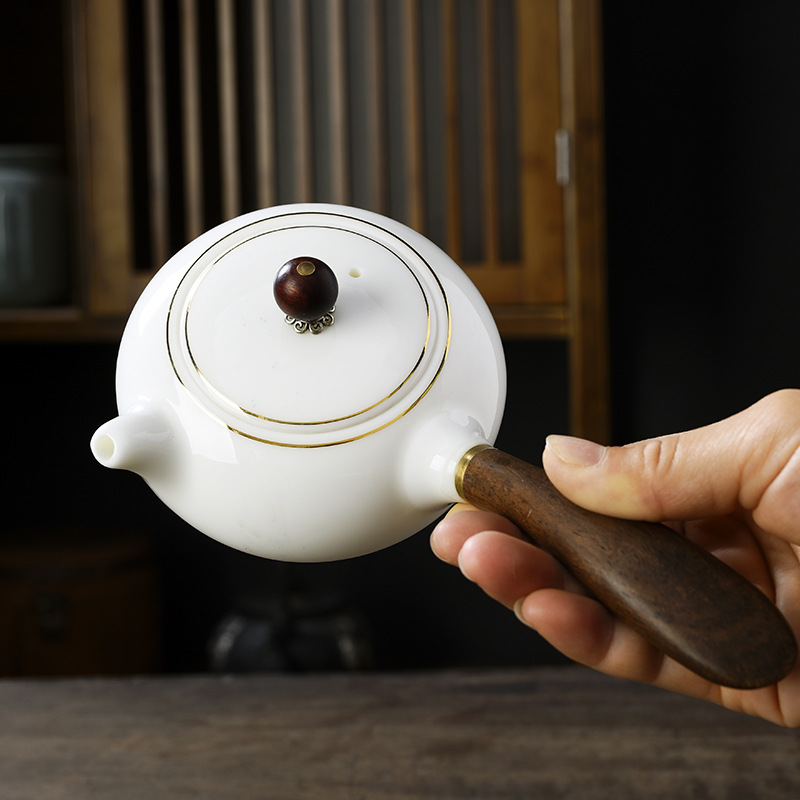 Dehua White Porcelain Teapot Mutton Fat Jade Xishi Pot Ceramic Tea Infuser With Filter Side Handle Single Pot Single Kung Fu Tea Set Application Scenario