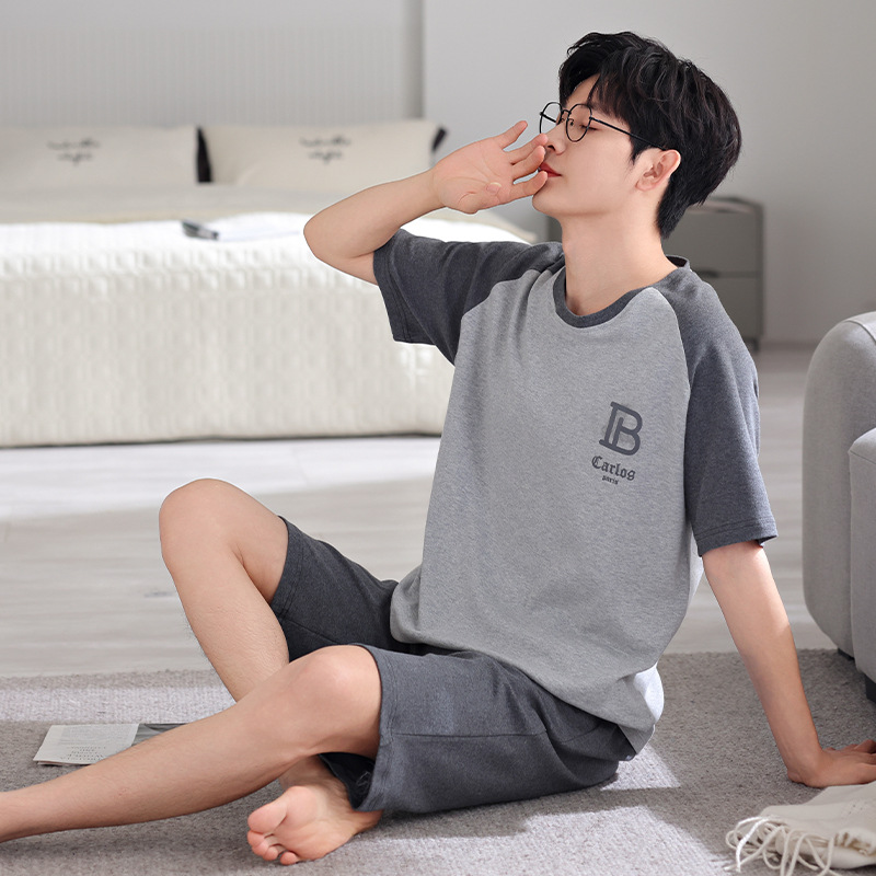 【100% Pure Cotton 】 Casual young men's pajamas summer short sleeves and shorts All-cotton plus-size home wear set details Picture