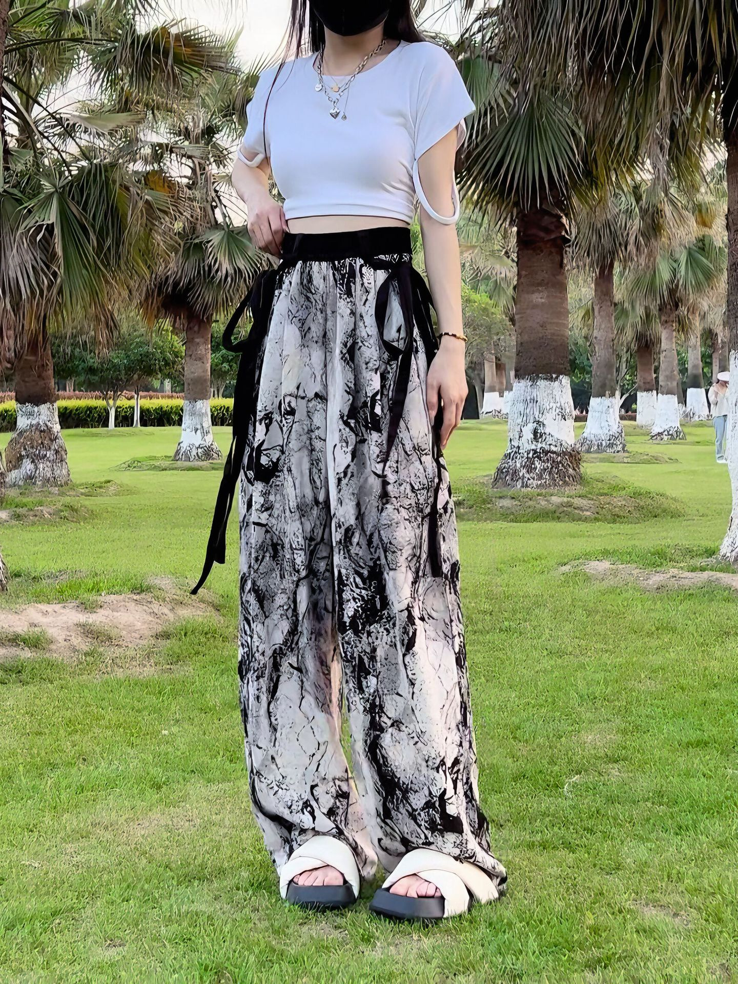 Printed National Style Pants Summer Ice Silk Chiffon Wide Leg Pants Women's Thin Casual Streamer Pants Straight Leg Long Pants For Women Item Picture