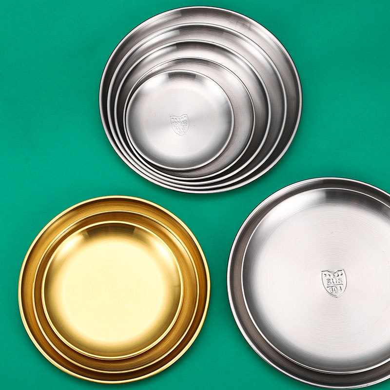 304 stainless steel round plates, Korean barbecue plates, fruit plates, cake plates, bone-spitting plates, retro tray tableware details Picture