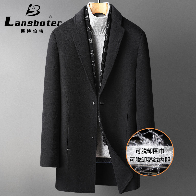 Autumn and winter scarf style, thickened white goose down inner liner, medium-length double-sided woolen coat, double-sided wool coat for middle-aged and young people details Picture