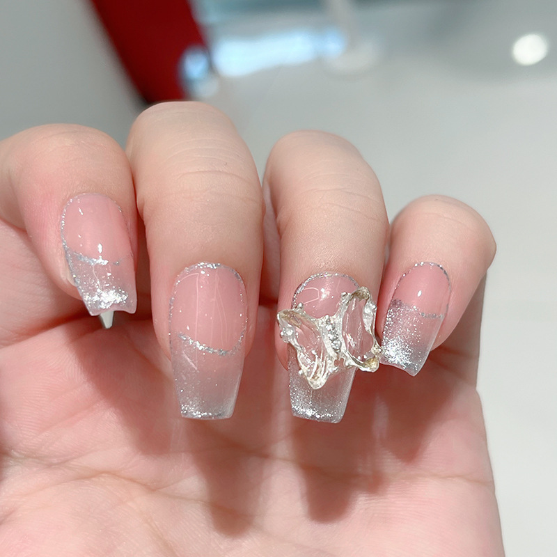 French Pure Desire Crystal Butterfly Wearing Nail Bare Powder White Ice Through Cat Eye Manual Light Therapy Nail Short Ladder Bride Nail Application Scenario