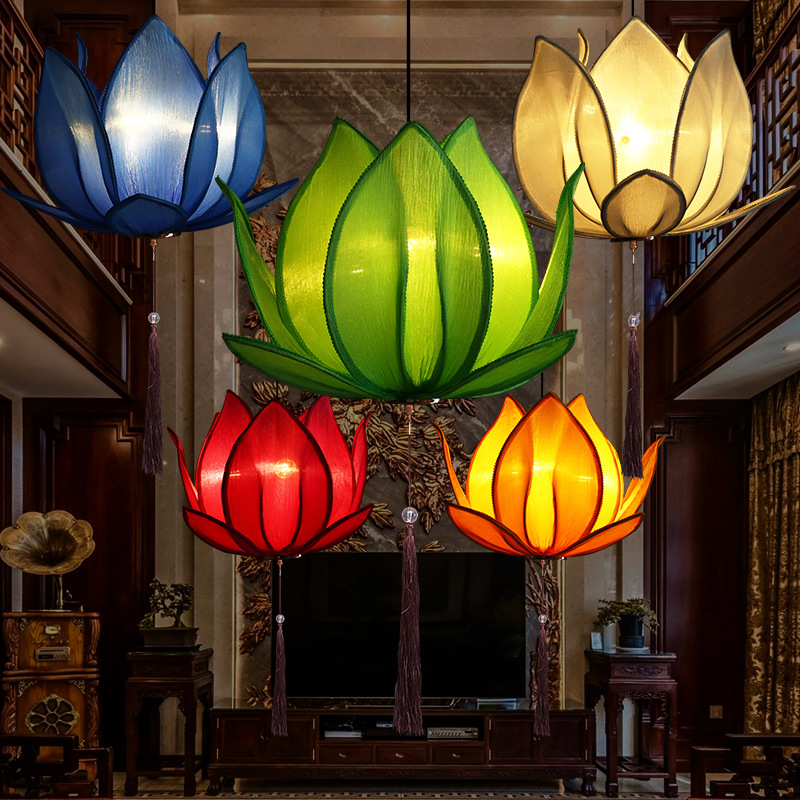 New Chinese Lotus Lantern Creative Fabric Chinese Lotus Lantern Ancient Buddhist Hall Teahouse Zen Lotus Lantern Application Scenario