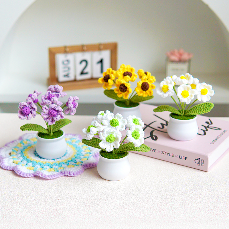Finished Handwoven Lily Of The Valley Potted Home Decoration Knitted Simulation Flower Wool Crochet Sunflower Bouquet Gift Specification drawing